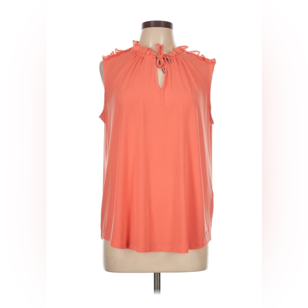 Calvin Klein Coral Sleeveless Tie-Neck Ruffle Blouse